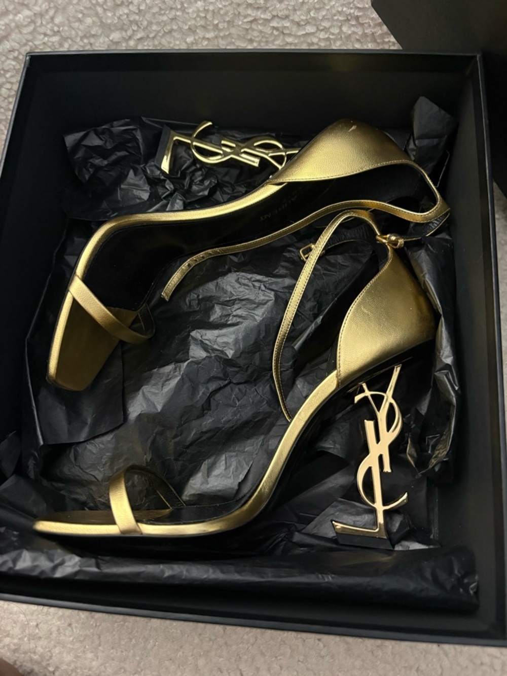 Saint Laurent Metallic Gold Logo-Heel Ankle-Strap Sandals